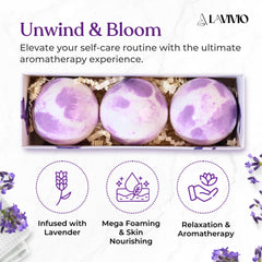 Lavivio lavender bath bomb close-up highlighting soothing aroma and creamy foam.