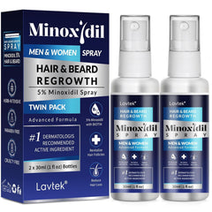 Lavtek 5% Minoxidil spray bottle for hair growth support.