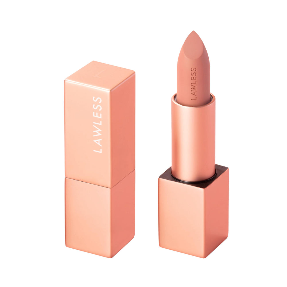 Lawless Forget the Filler Soft Truffle lipstick close-up shows satin finish and rich color.