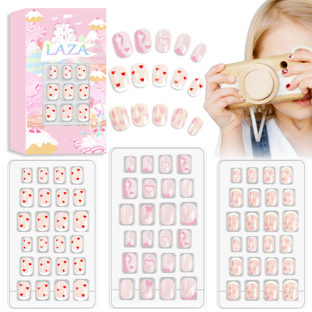 Laza 72pcs kids press-on nails with red-pink heart flower design for short nails