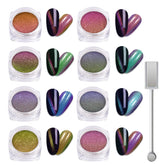 Laza cat eye powder eight-color collection showing shifting shimmer for unique nail art