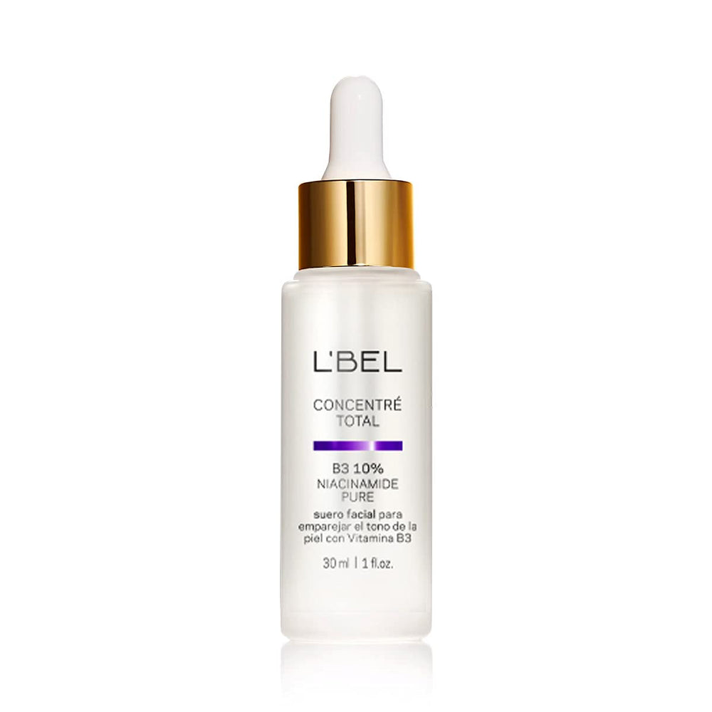 L'Bel Concentré Total B3 bottle highlights 10% Niacinamide for even skin tone.