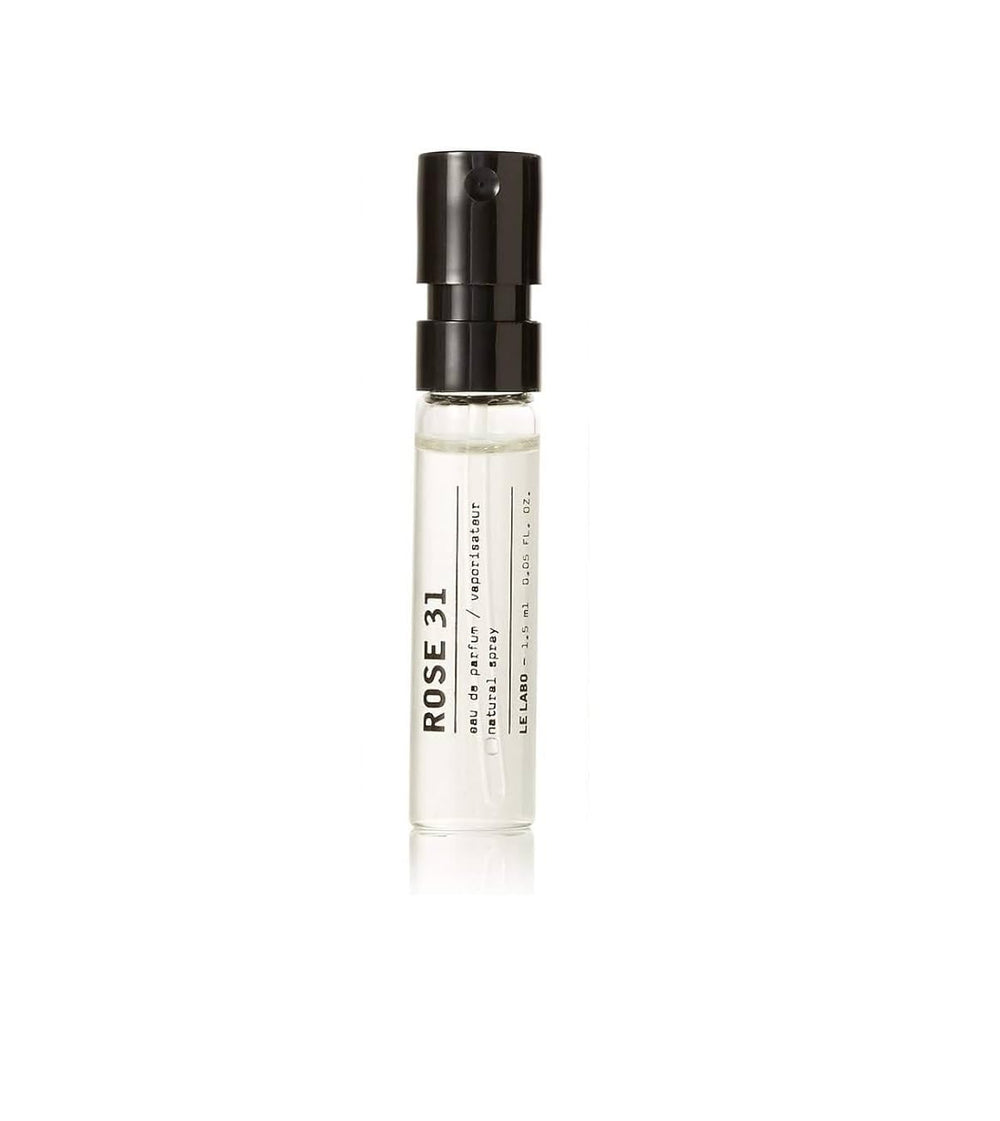 Le Labo Rose 31 small sample bottle close-up, perfect for testing scent before committing.