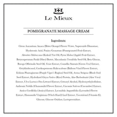 Le Mieux Pomegranate Massage Cream label highlights pomegranate and algae ingredients for antioxidant support.