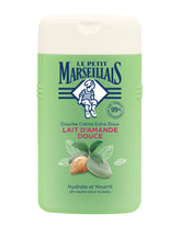 Le Petit Marseillais almond shower gel bottle close-up for gentle cleansing.