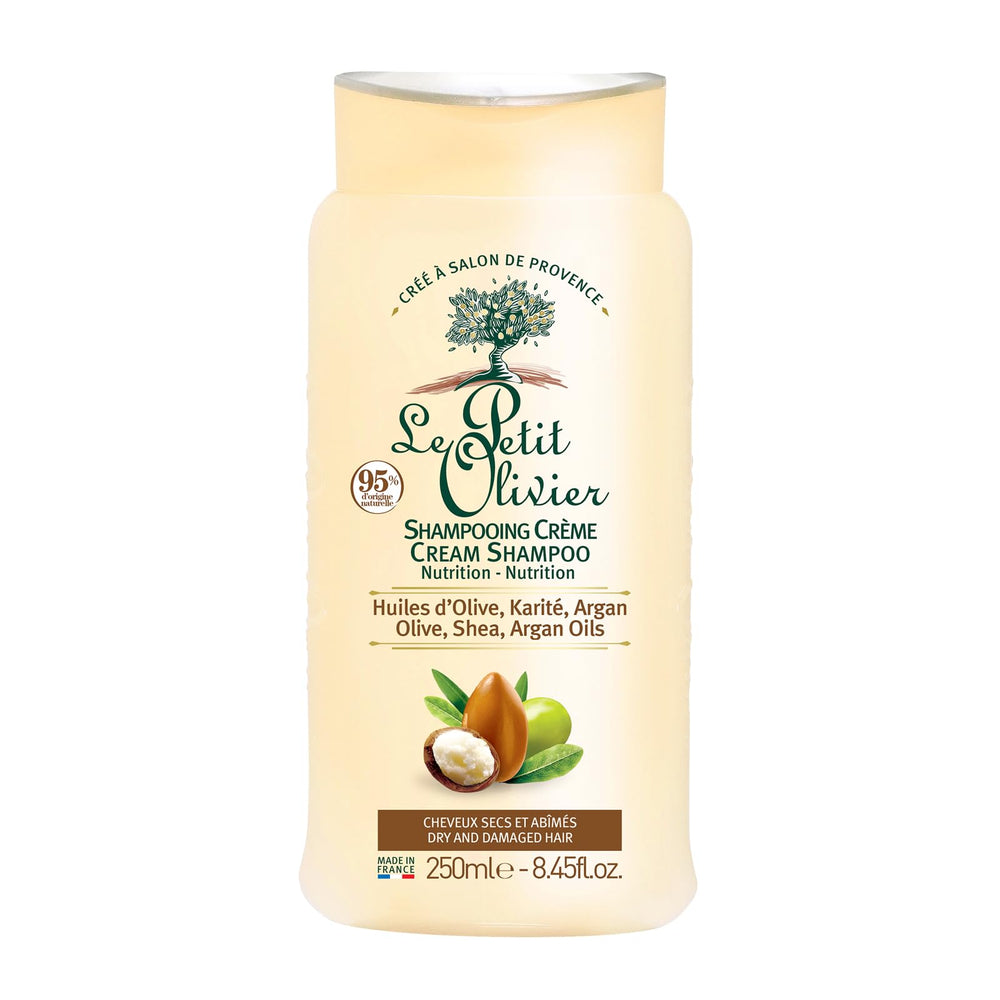 Le Petit Olivier Nutrition Cream Shampoo bottle with olive oil nourishes while cleansing