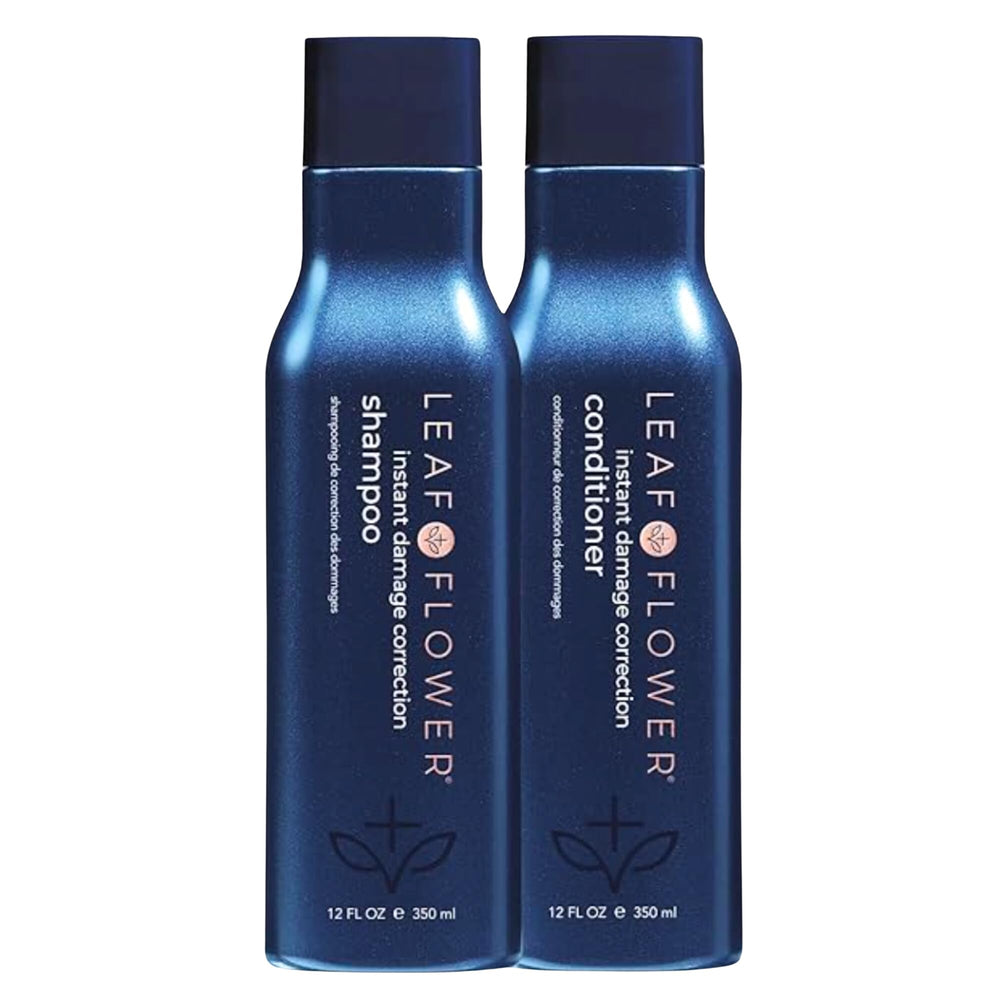Leaf & Flower shampoo duo in blue packaging bottle cleanses gently while preserving moisture.