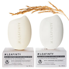 Leafinty rice water shampoo bar packaging on display, eco-friendly packaging saves plastic