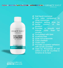Close-up of the MMA-free label on Legacy Nails monomer for safer formulation.