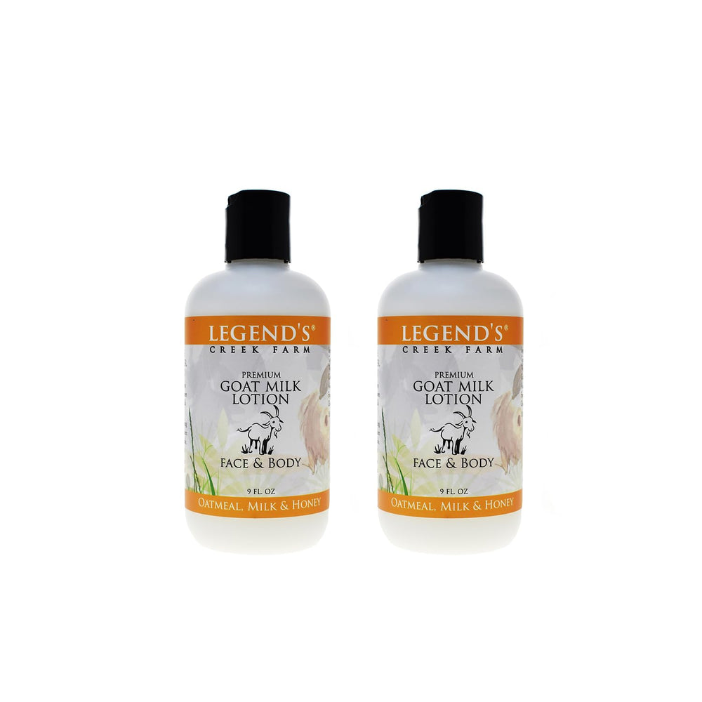Legend's Creek Goat Milk Lotion bottle with oatmeal, milk and honey, deeply moisturizing for body and hands.
