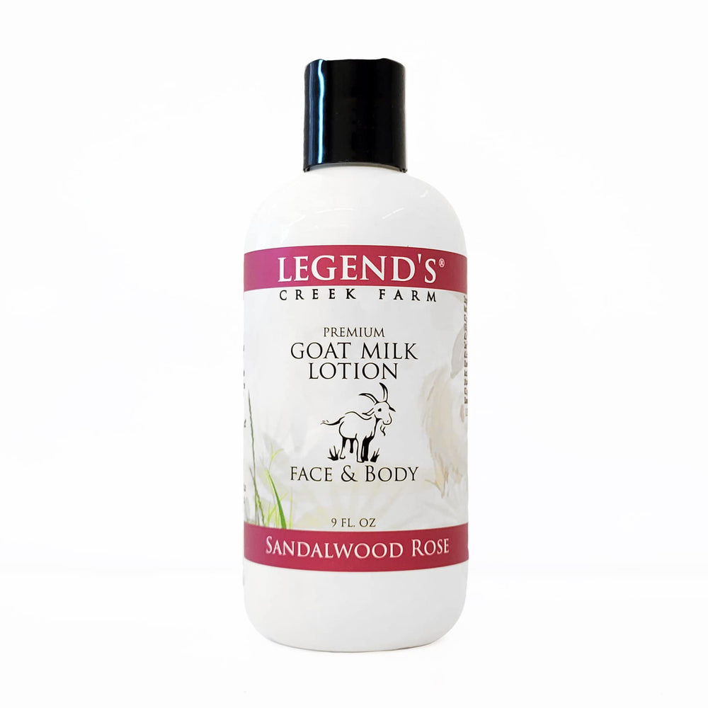 Legend's Creek Goat Milk Lotion bottle with sandalwood rose scent for smooth hydration