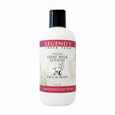 Legend's Creek Goat Milk Lotion bottle with sandalwood rose scent for smooth hydration