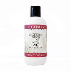 Legend's Creek Goat Milk Lotion bottle with sandalwood rose scent for smooth hydration