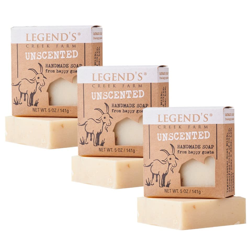 Legends Creek Goat Milk Soap packaging display, showcasing the unscented, gentle cleansing option.
