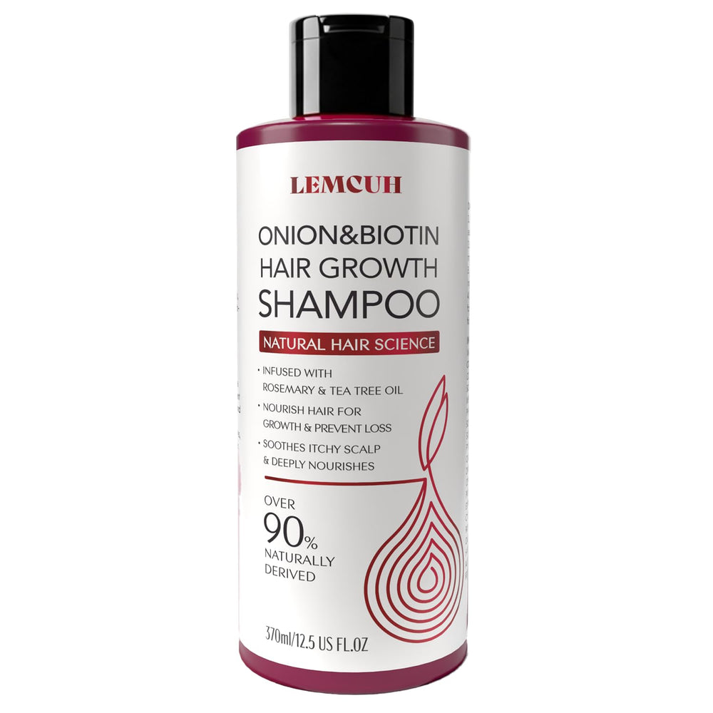 Lemcuh Biotin & Onion Shampoo bottle delivering gentle cleansing and volumizing effect.