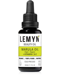 Lemyn Organics Virgin Marula Oil bottle shown for deep hydration and radiant skin