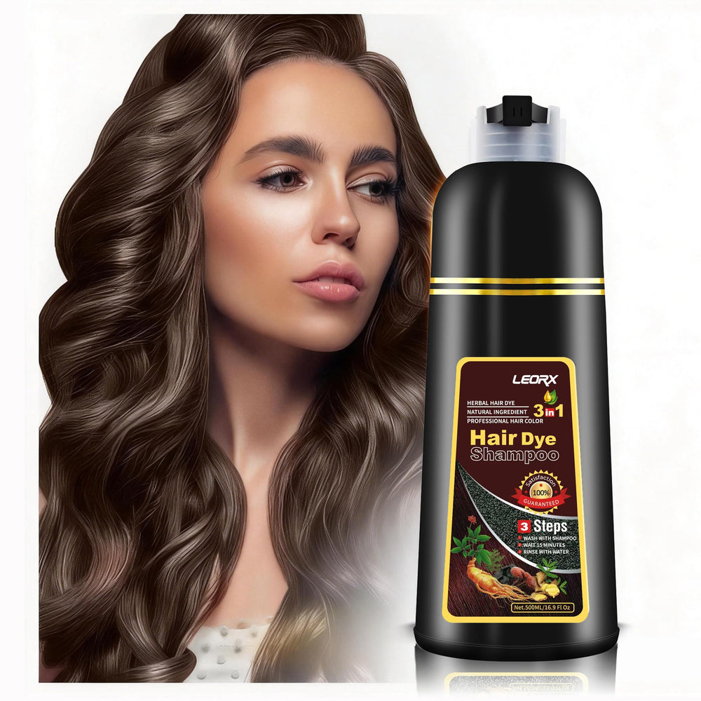 Leorx Hair Dye Shampoo bottle pouring color for smooth gray-root coverage.