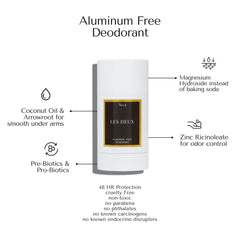 Les Deux natural deodorant stick packaging amber-saffron-sandalwood communicates aluminum-free protection