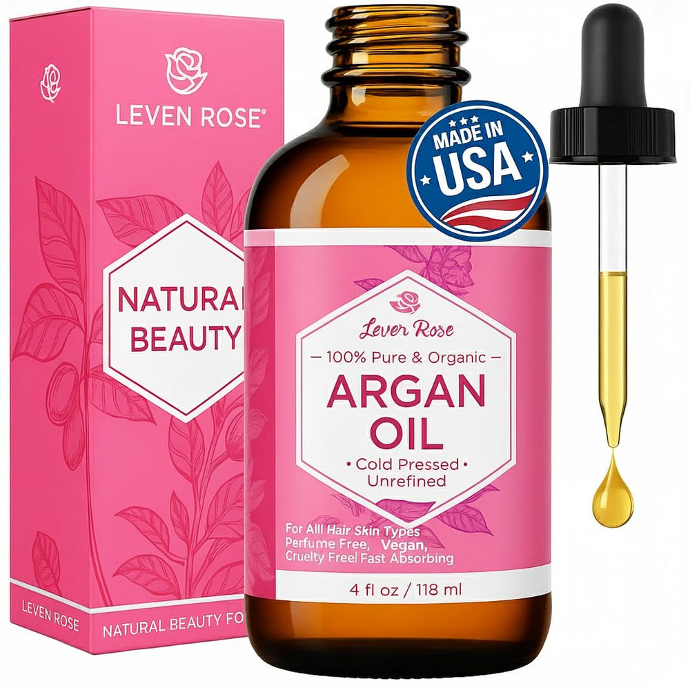 Leven Rose argan oil bottle shown for pure hair and skin nourishment.