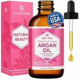 Leven Rose argan oil bottle shown for pure hair and skin nourishment.