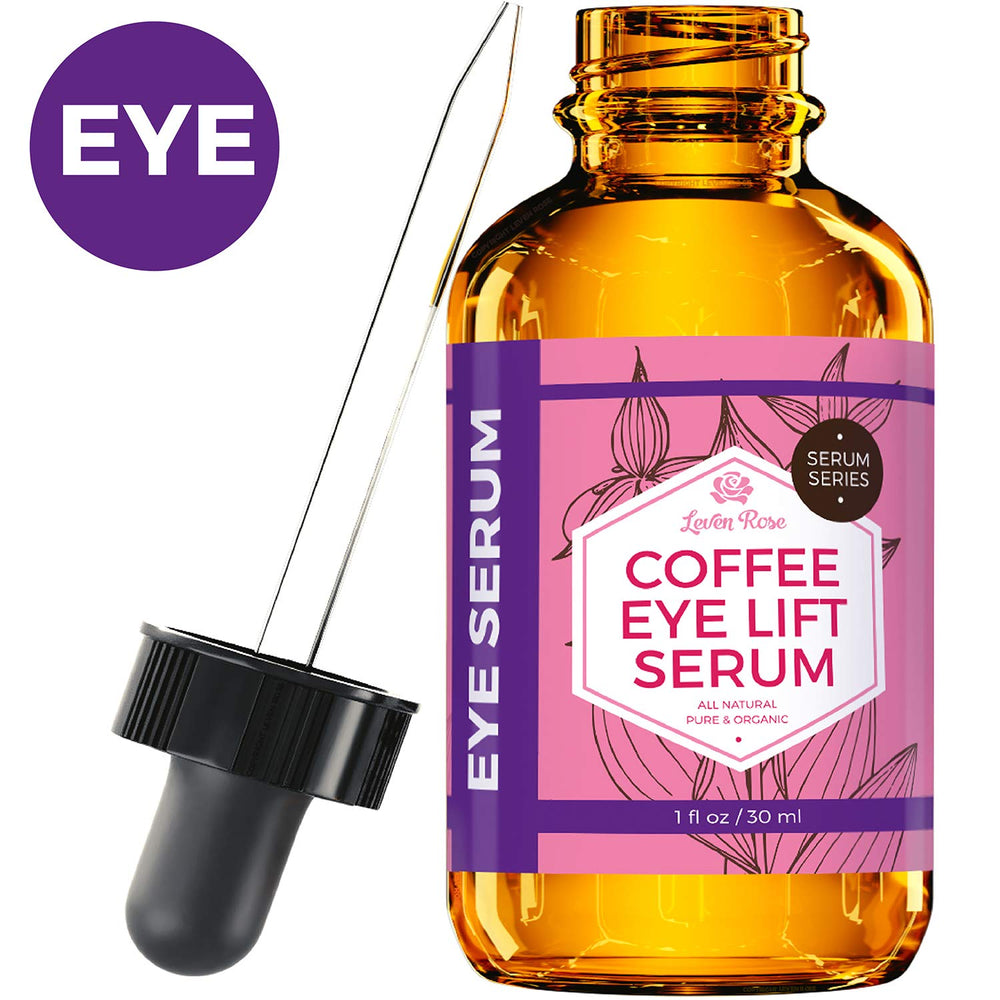 Leven Rose coffee oil caffeine serum bottle highlighting eye brightening and puffiness reduction