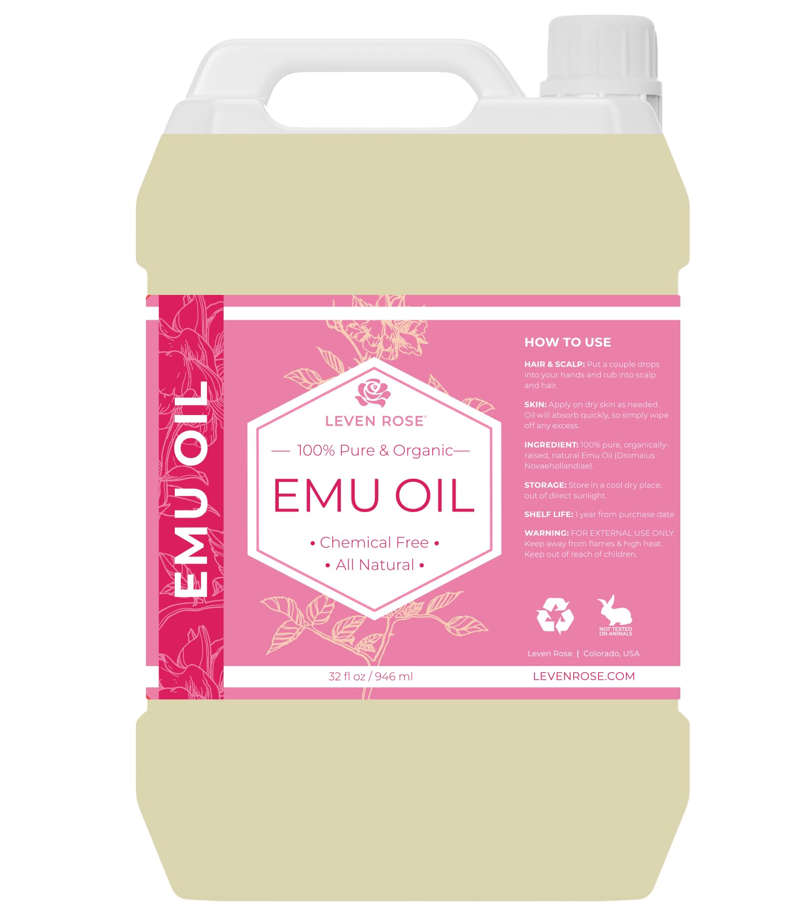 Leven Rose Emu Oil 32oz bottle pour for precise drops and skin hydration.
