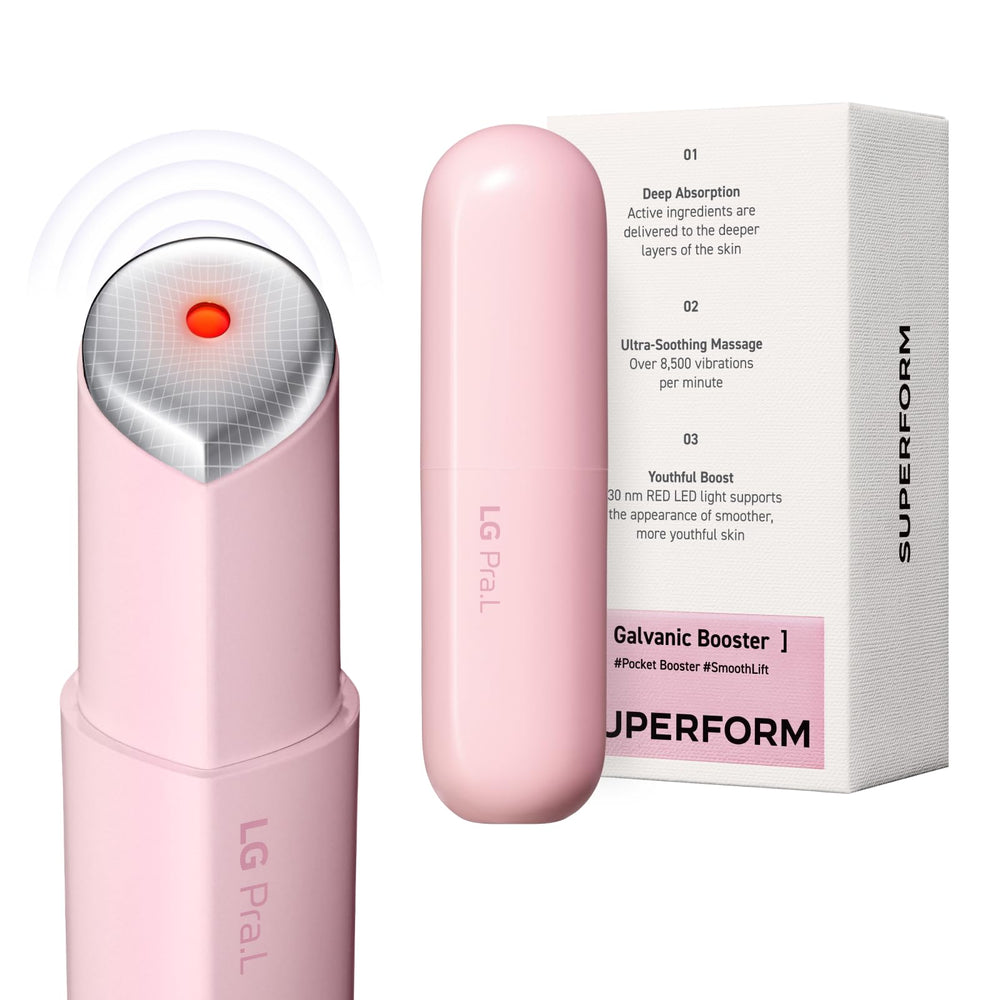 LG Pra.L Superform Galvanic Booster Blush Pink bottle for travel-friendly skincare support.