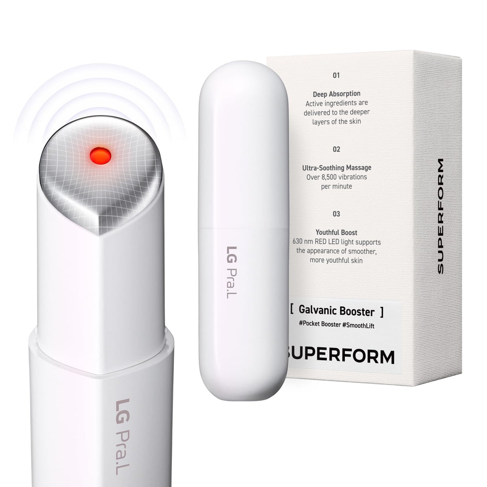 LG Pra.L Superform Galvanic Booster held in hand for at-home skincare sessions