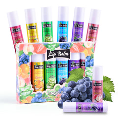 LIAYLILI 6-pack lip balm close-up shows fruit flavors for daily moisture.