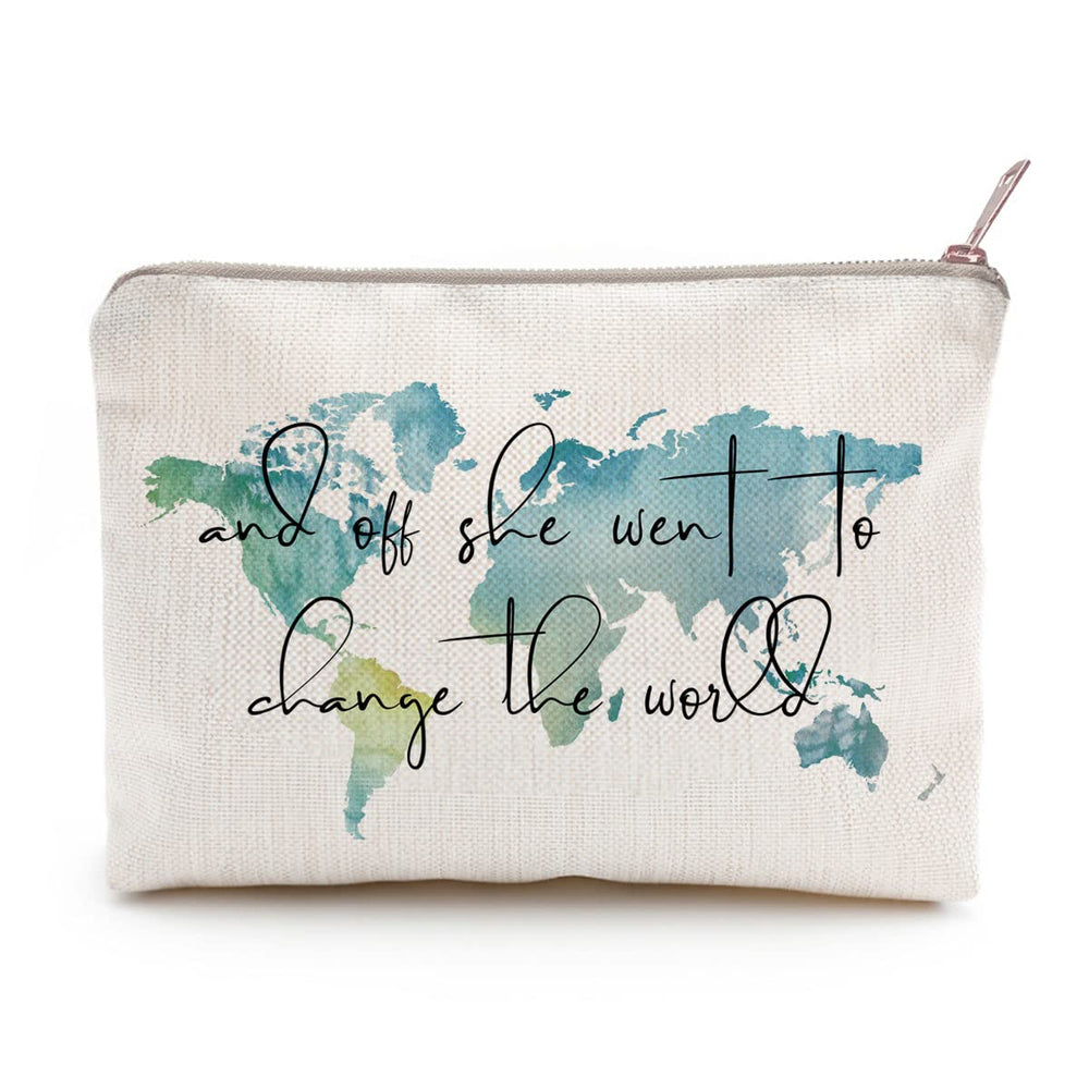 LICOBG world map makeup bag - front view showing compact travel-ready design.