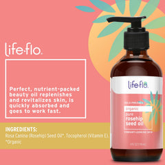 LIFE-FLO Rosehip Seed Oil bottle pour for easy facial application