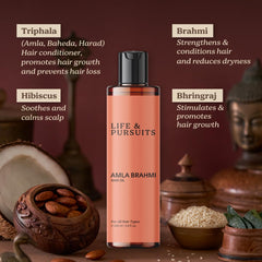 Life & Pursuits Amla Brahmi Oil jar label showing pure Ayurvedic blend for hair health