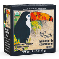 Light Mountain Henna color bottle for chemical-free black hair dye.