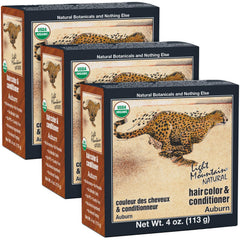 Light Mountain Henna hair color Auburn packaging illustrates a chemical-free color kit for natural results.
