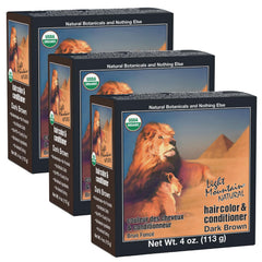 Light Mountain henna hair color in dark brown pack offers rich color without harsh chemicals.