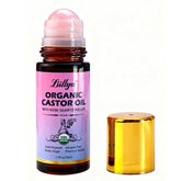 Liillya castor oil roll-on with rose quartz roller for smooth, targeted skin hydration.