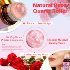 Liillya rose quartz roller provides cooling massage to enhance absorption.