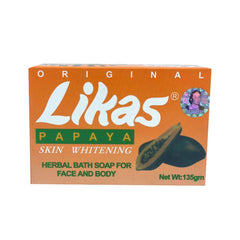 Likas Papaya Soap pack on display, easy to stash in bathroom or travel bag.