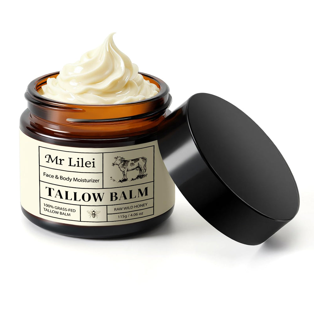 Lilei Beauty beef tallow balm jar close showing rich texture for nourishment and barrier support