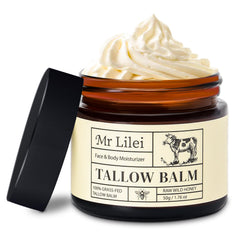 Lilei Beauty beef tallow face jar provides rich hydration for dry skin.