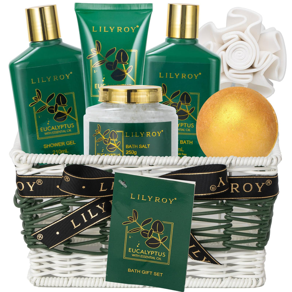 LILY ROY 7-piece bath gift basket with shower gel for spa-like pampering at home.