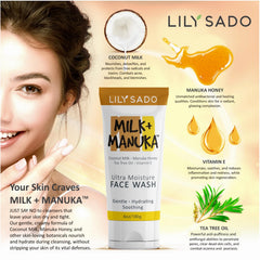 LILY SADO Manuka honey splash highlighting antioxidant-rich botanicals.