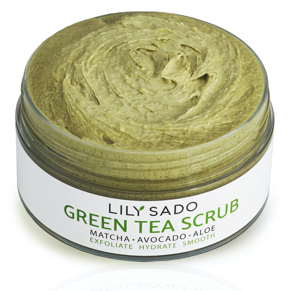 LILY SADO MATCHA Made in Heaven sugar scrub packaging shows eco-friendly design for daily skincare routine.