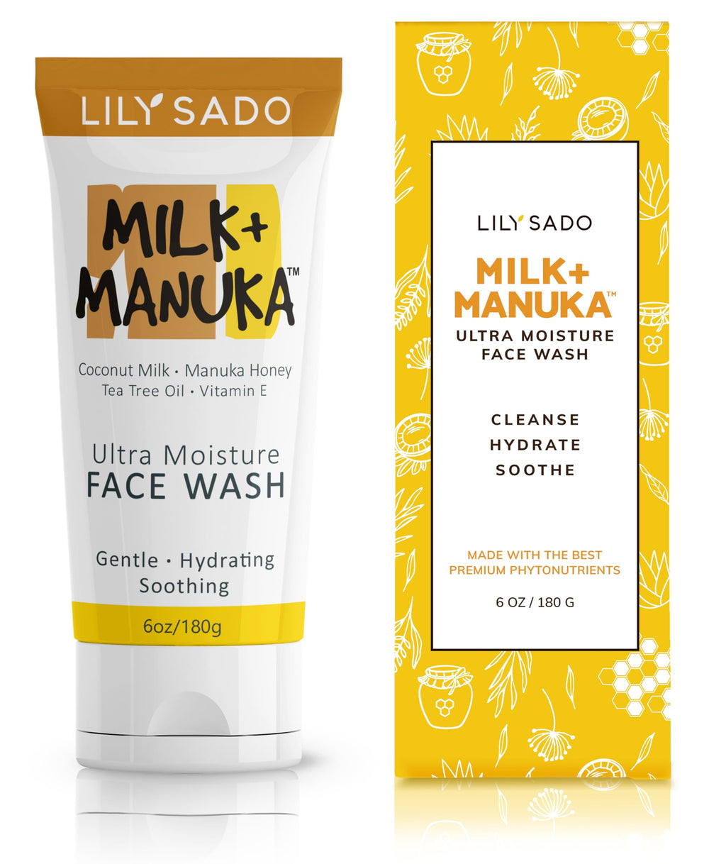 LILY SADO Milk+Manuka cleanser bottle front for gentle cleansing and hydration.