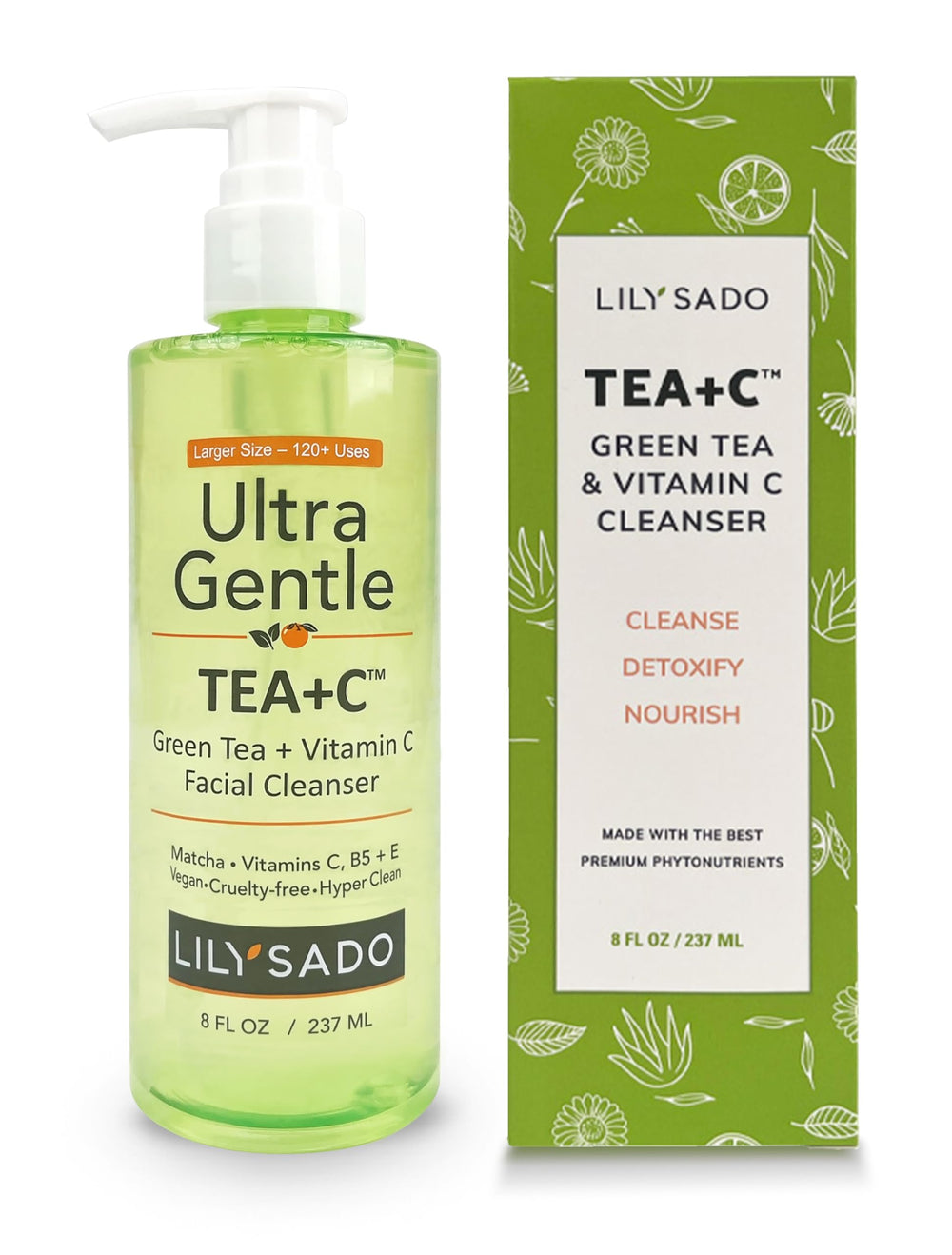 Lily Sado Tea+C cleanser bottle on a clean surface for gentle daily cleansing.