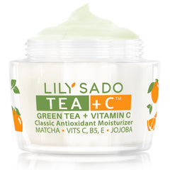LILY SADO Tea+C green tea matcha bottle showing premium antioxidant moisturizer for daily hydration