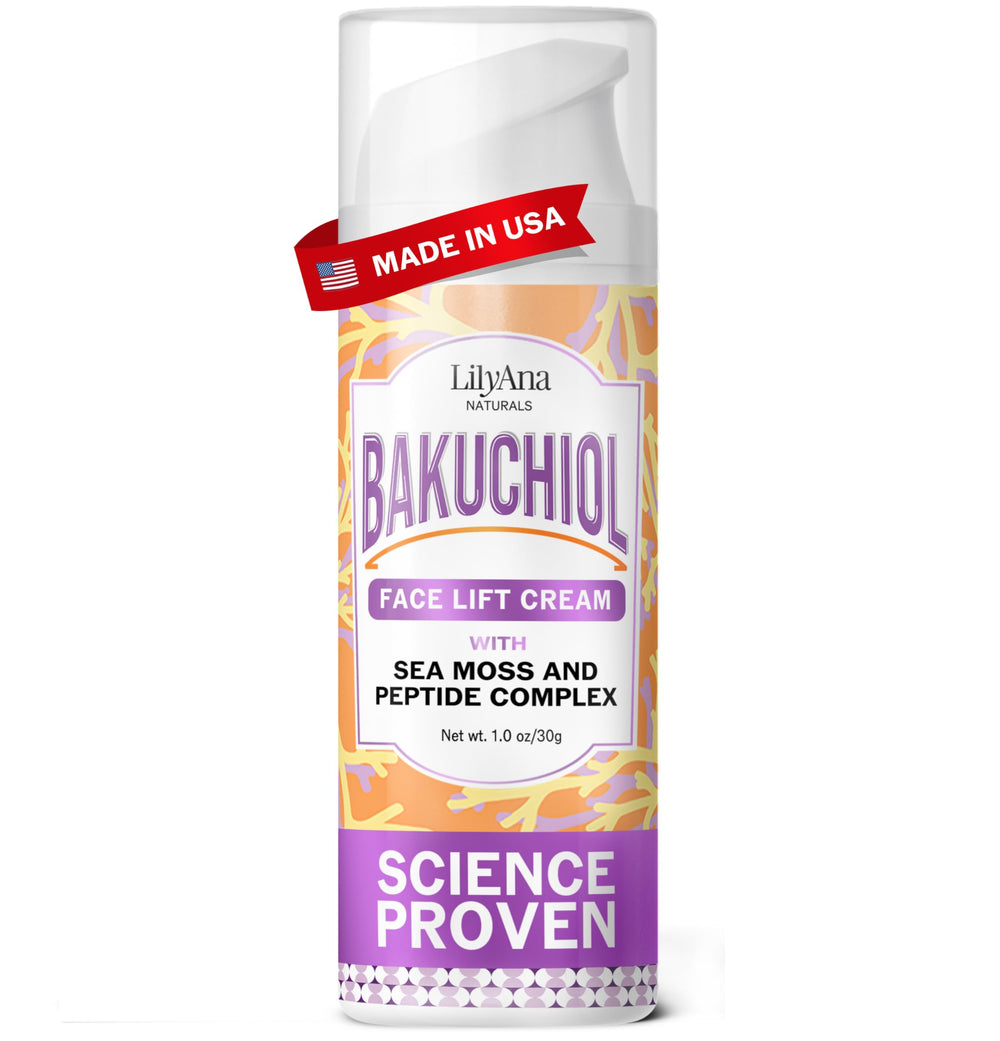 LilyAna Naturals Bakuchiol Face Lift Cream bottle demonstrates firming potential for daily use