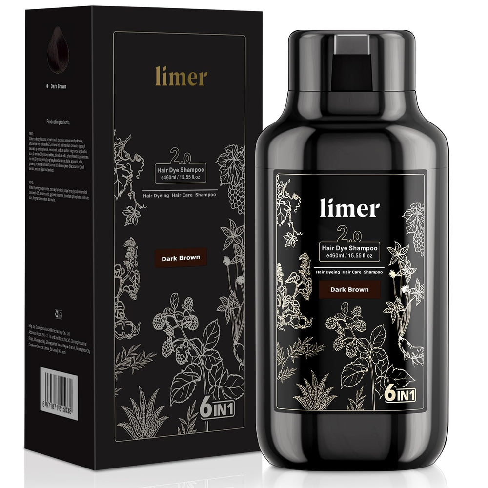 Limer Hair Dye Shampoo bottle showing natural dark brown color for gray coverage.
