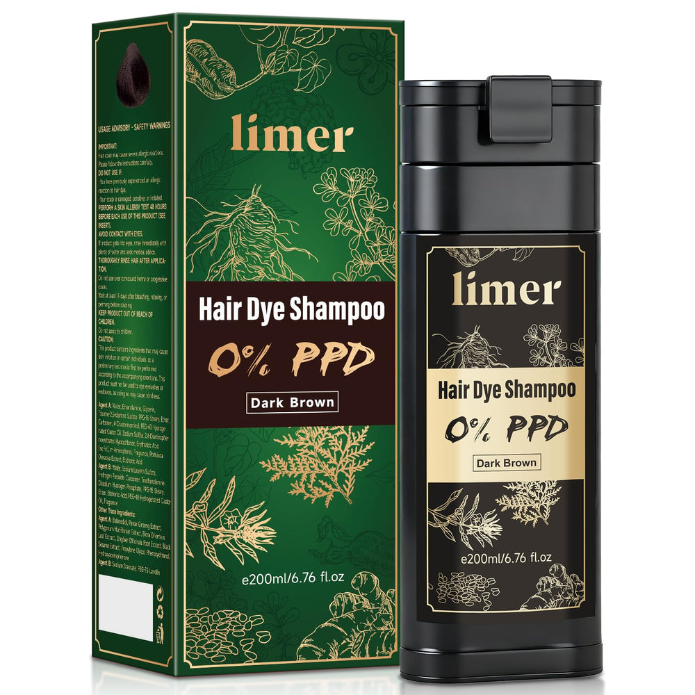 Limer Hair Dye Shampoo dark brown bottle showing gentle, PPD-free formula for sensitive scalps.