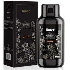 Limer Hair Dye Shampoo bottle showing natural dark brown color for gray coverage.